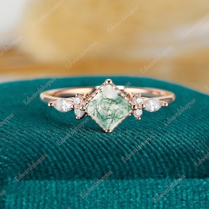 Princess cut Moss Agate Engagement ring, Unique Vintage ring marquise cut Rose gold ring Moissanite gift for her Dainty Diamond anniversary