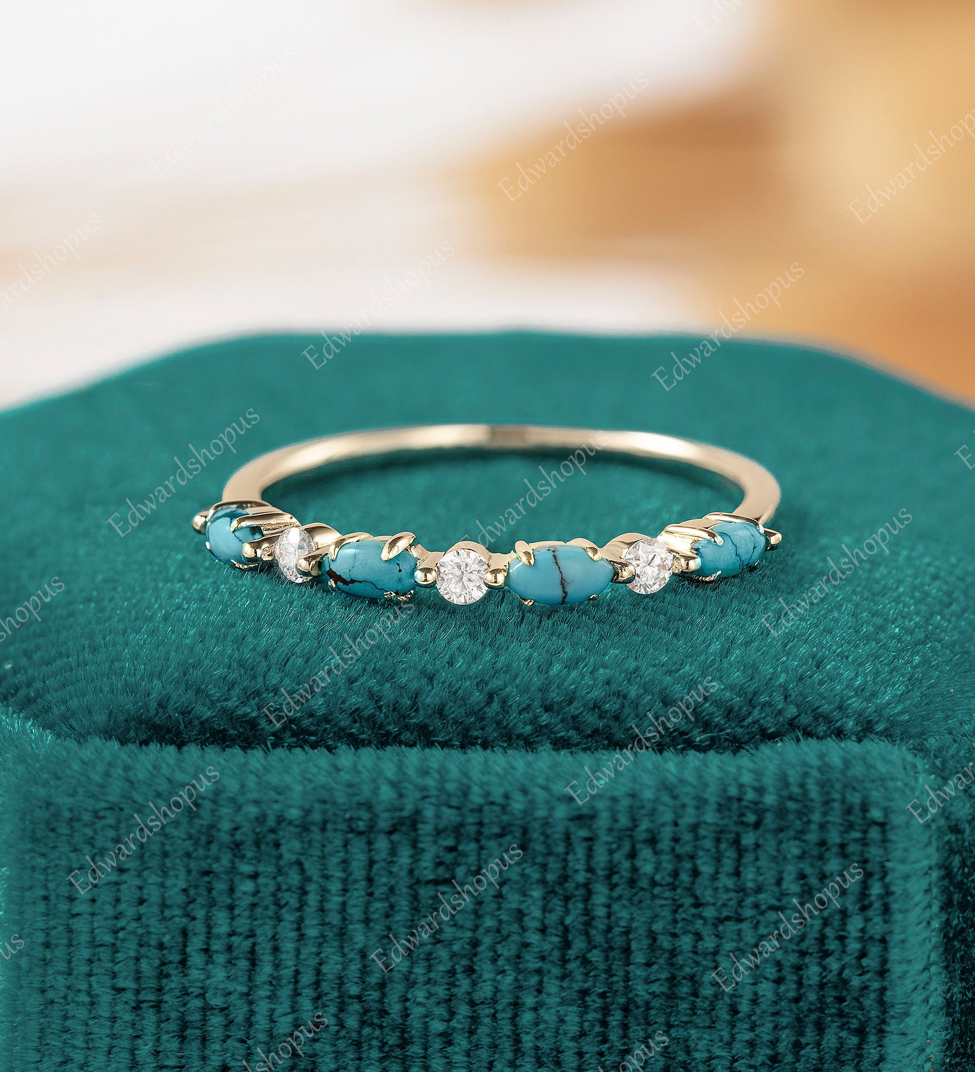 Turquoise Wedding Band Women Vintage Moissanite Half Eternity Yellow