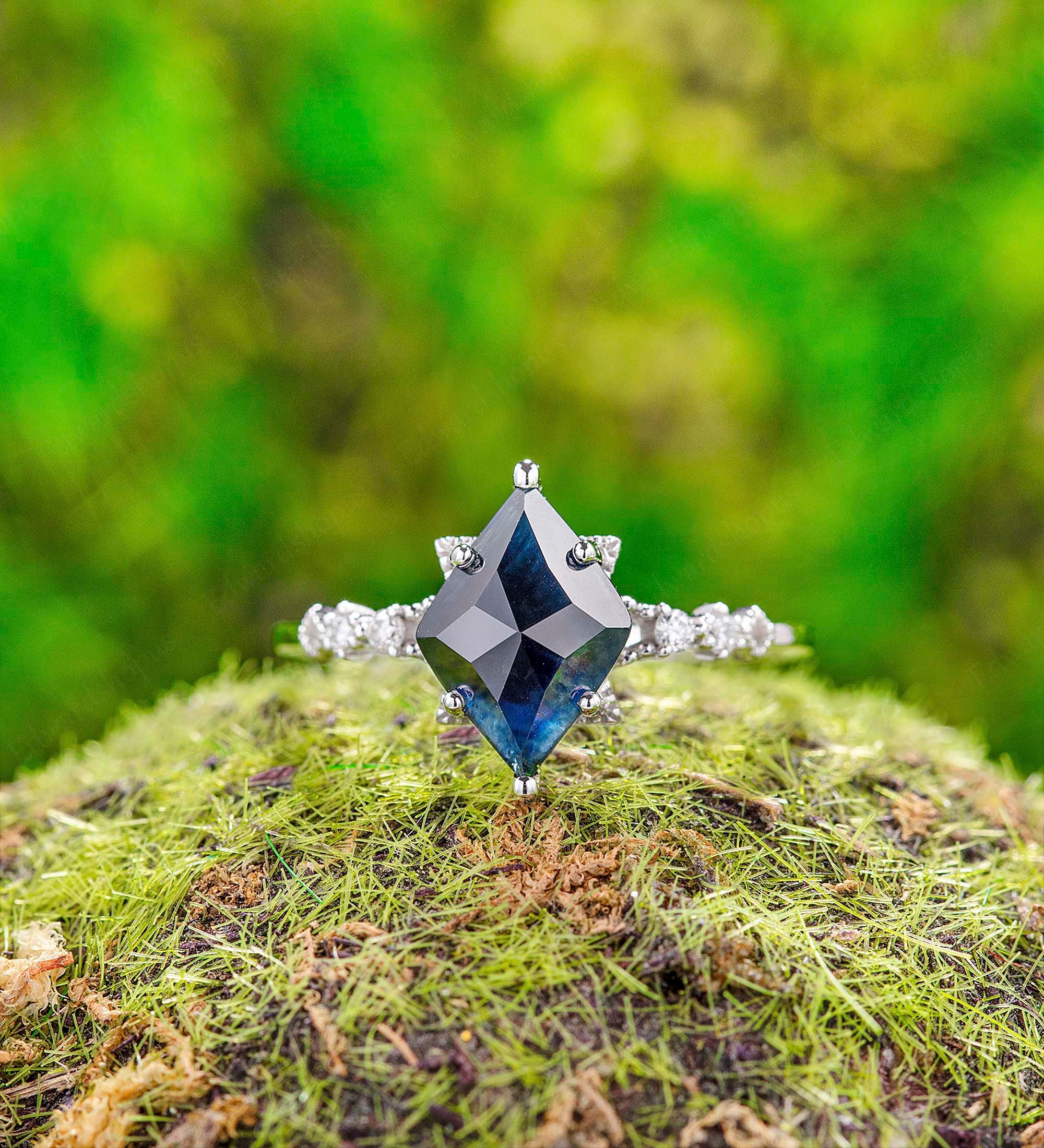 Black Sapphire Engagement ring Vintage Engagement ring Unique Engagement ring Moissanite Anniversary gift for her White gold ring Diamond