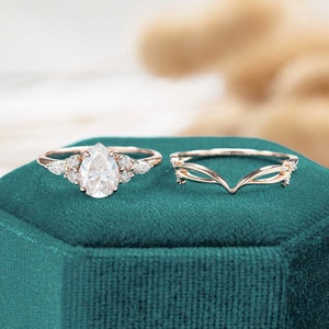 vintage Moissanite engagement ring set Pear shaped women rose gold marquise cut unique diamond curved wedding band Bridal set