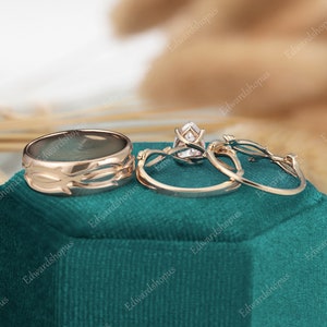 3stk Paare Ring Set für Männer und Frauen, Moissanite Verlobungsring Set, Männer Ehering, Ehering Set, Vintage Diamant Braut Set Bild 8