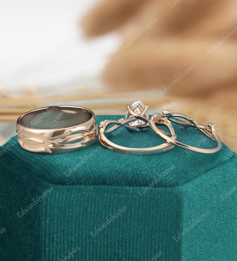 3stk Paare Ring Set für Männer und Frauen, Moissanite Verlobungsring Set, Männer Ehering, Ehering Set, Vintage Diamant Braut Set Bild 8