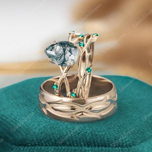 Moss agate engagement ring set, emerald ring, 3pcs pear shaped Couples Ring Set For Men and Women, men wedding band, wedding ring bridal set