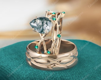 Moss agate engagement ring set, emerald ring, 3pcs pear shaped Couples Ring Set For Men and Women, men wedding band, wedding ring bridal set