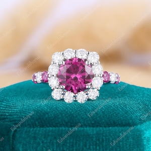 Lab pink sapphire engagement ring vintage halo ring women rose gold moissanite unique diamond wedding ring Bridal art deco ring anniversary