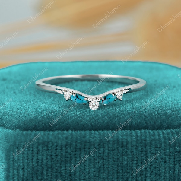 curved turquoise wedding band women Vintage moissanite half eternity white gold marquise cut band match Stacking diamond band gift for her