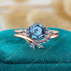 Hexagon Alexandrite engagement ring set, vintage women ring, rose gold unique wedding ring, Bridal set marquise cut art deco anniversary