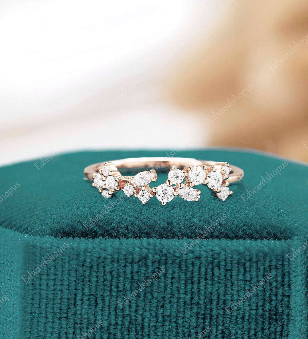 Rose Gold Moissanite Wedding Band Women Marquise Cluster Unique Art ...