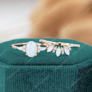 Vintage opal Engagement ring set, Unique Diamond rose Gold ring, Moissanite women ring for women bridal Art Deco Anniversary gift for her