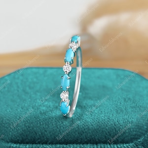 turquoise wedding band women Vintage moissanite half eternity white gold marquise cut wedding band match Stacking diamond band gift for her