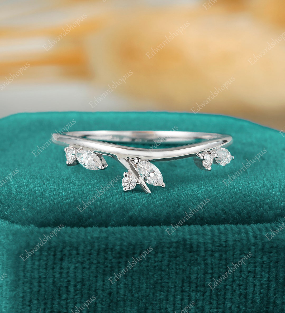 Curved Moissanite Wedding Band Women Vintage Wedding Band White Gold