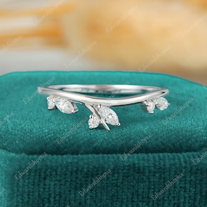 Curved moissanite wedding band women Vintage wedding band white gold marquise cut Stacking band match diamond Bridal band gift for her