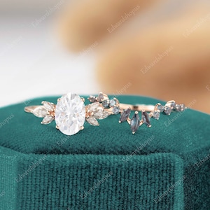 Oval cut moissanite Engagement Ring set Rose gold Women Antique alexandrite Bridal Marquise diamond Unique Promise Anniversary gift for her