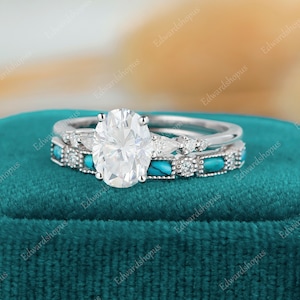 2PCS Oval Moissanite Engagement Ring Set Vintage White Gold Pear Shaped ...