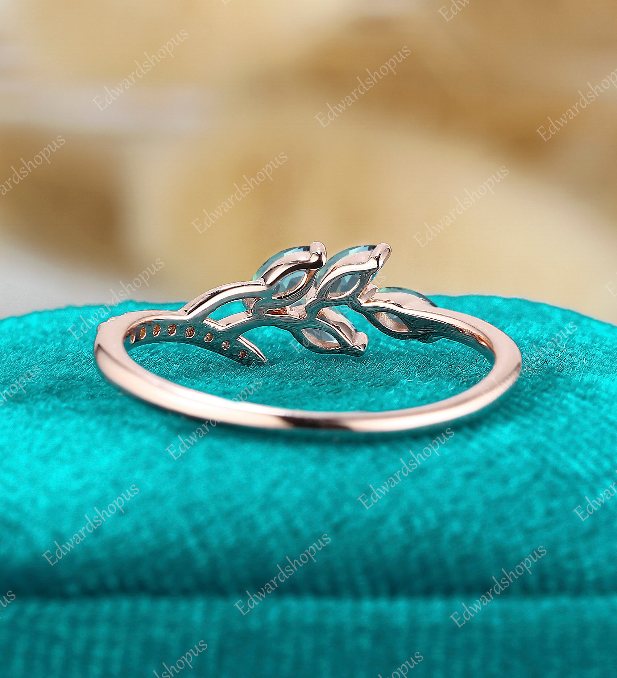 Blue Green Sapphire Wedding Band, Women Leaf Rose Gold Ring
