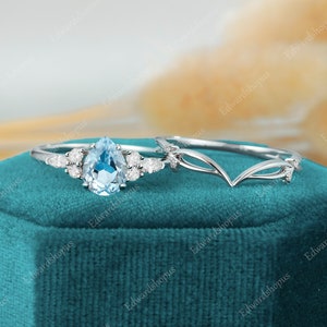 Aquamarine Engagement ring set Vintage Engagement ring Unique white gold Art Deco Anniversary gift her Gold ring Diamond Moissanite women