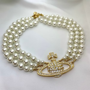 18K Gold Triple Saturn Pearl Choker Necklace