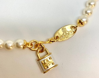 18K Gold Padlock Pearl Choker Necklace, Engraved Saturn