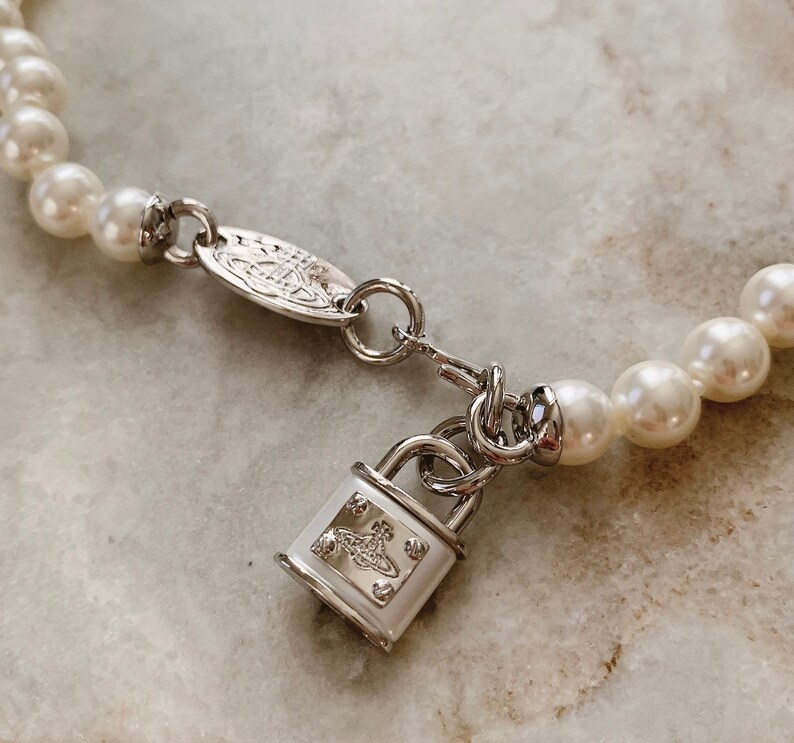 Silver Padlock Pearl Choker Neckless Engraved Saturn Etsy