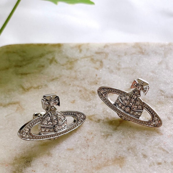 18K White Gold Saturn Earrings, Mini Bas Relief