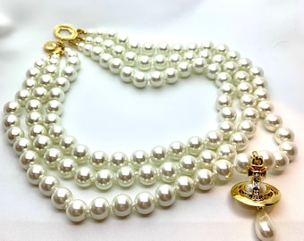 18K Gold Triple Pearl Drop Orb Choker Necklace