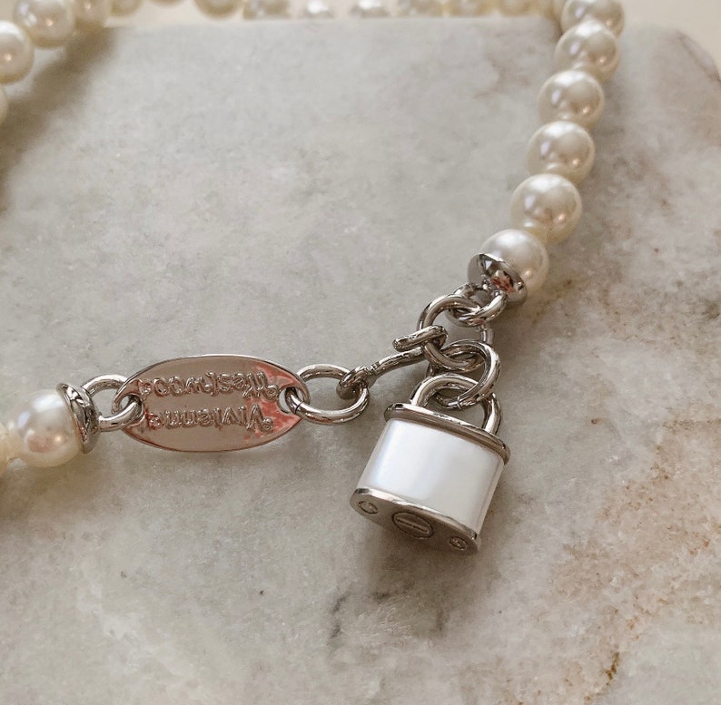 Silver Padlock Pearl Choker Neckless Engraved Saturn Etsy