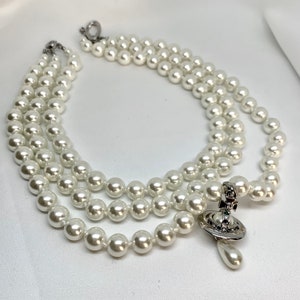 18K White Gold Triple Pearl Drop Orb Choker Necklace