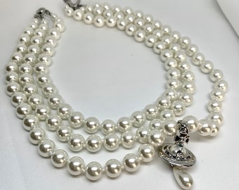 18K White Gold Triple Pearl Drop Orb Choker Necklace