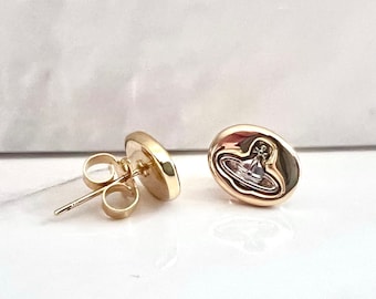 18K Gold Mini Silver Saturn Engraved Earrings