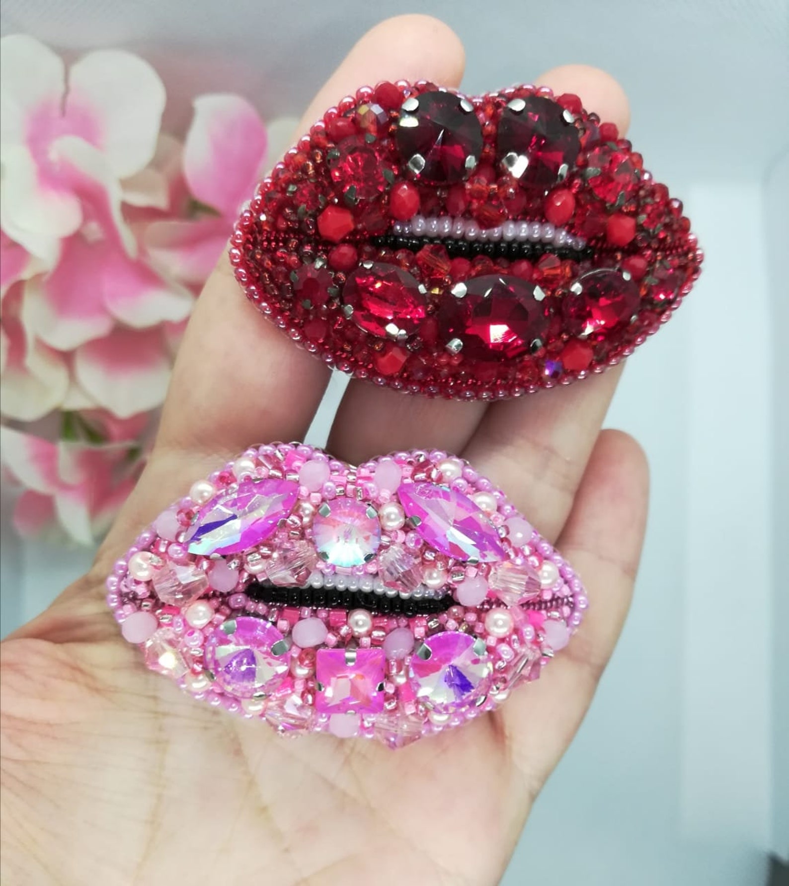 Red lip brooch beaded and handmade crystals pink lips gift Etsy