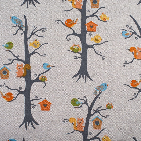 Forest life- trees, birds, squirrel - Kautz fabric in linen look, canvas