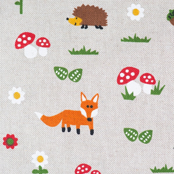 Forest animals - fox, owl, squirrel, great spotted woodpecker, hedgehog - Kautz fabric in linen look