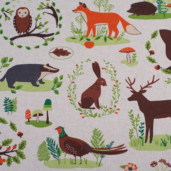 Forest animals - fox, owl, squirrel, hare, hedgehog - Kautz fabric in linen look