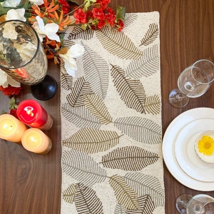 Handmade table runner, beaded table runner, leaf design bead runner, 13x36inch