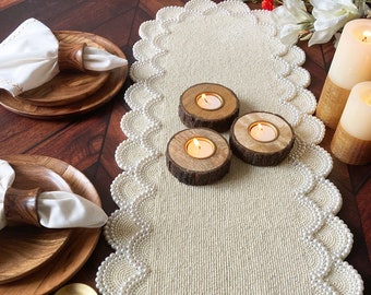 Handmade beaded table runner, pearl white, wedding table runner 13x36inch