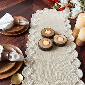 Handmade beaded table runner, pearl white, wedding table runner 13x48inch
