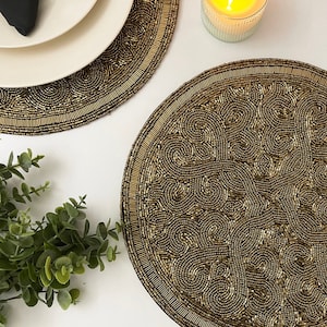 Handmade Beaded Placemat: 14-inch Gold Table Charger