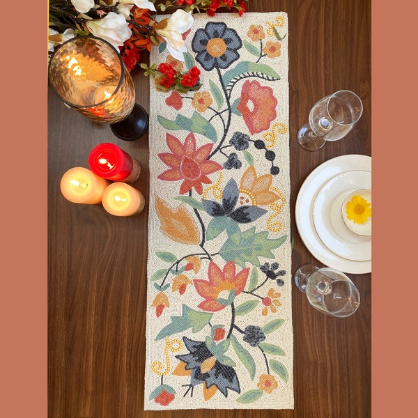 Handmade table runner, beaded table runner, spring floral bead runner, 13x36inch, multicolour,