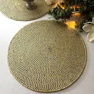 Set of 6, Handmade beaded golden placemat, beaded chargerplate