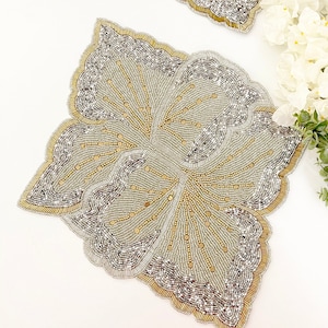 Handmade beaded placemat, tablemat, 14 inch, Silver gold black grey charger