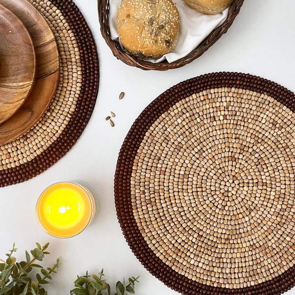 Set of 2 handmade vegan eco friendly placemat, wooden beaded tablemat, 14 inch, insulated charger