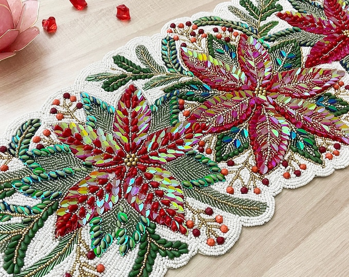 Vintage Hand Beaded Table Runner Wall Art Hanging Red Orange Floral ...