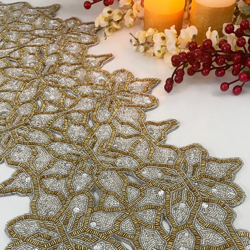 Handmade Bead Table Runner Floral Beaded Runner Silver and Etsy