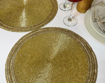 Handmade Beaded Placemat: Gold Charger Plate, 14 inch Table Mat