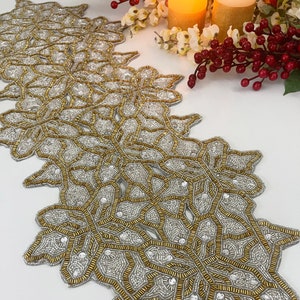 Handmade table runner, beaded table runner, gold and clear silver bead runner, 12.5x34.5inch
