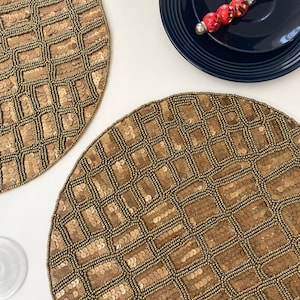 Handmade beaded sequin placemat, tablemat, 14 inch, golden charger plate
