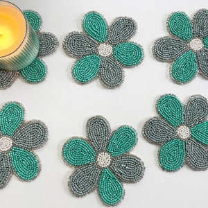 Set of 6 coasters, drink coasters, floral beaded coasters, gift for her, housewarming gift