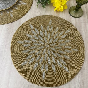 Handmade Beaded Placemat: Gold & Silver Charger Plate, 14 Inch
