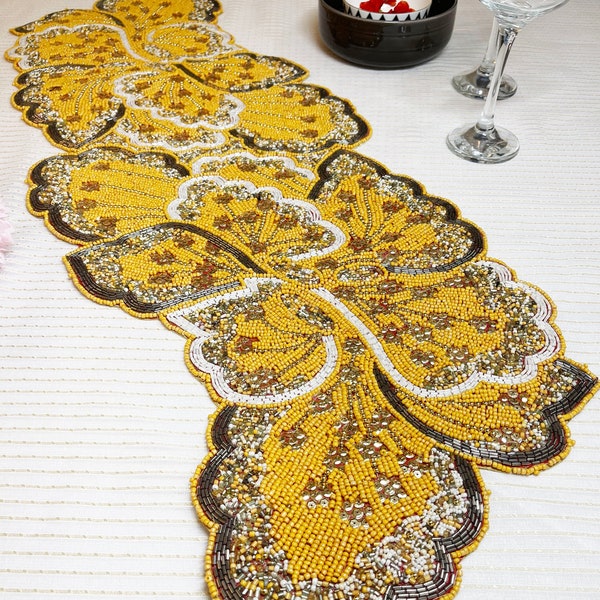 Handmade table runner/placemat, beaded table runner, Yellow and Gold, 13x36inch