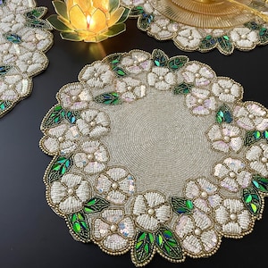 Handmade beaded floral placemat, white flowers bed, 15inch